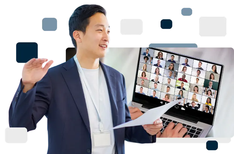 Presenter holding a sheet of paper with data from SL Capital on a webinar.